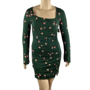 Free People Celia Mini Dress Emerald Jewel Combo Long Sleeve Ruched Size L